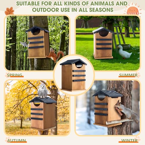 Cedar Squirrel House,Barn Owl Nesting Box, Bird House Outside,Duck Nesting Shelter,Rustic Big Squirrel Shelter & Birdhouse Combo,Wooden Heavy Wildlife Box,Carbonized Assemble Needed