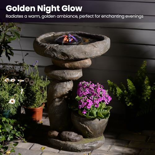 Solar Fountain for Bird Bath, Water Fountain Outdoor with Planter, Freestanding Rock Solar Waterfall with LED Lights for Garden, Patio, Yard - color: Gray-28 in