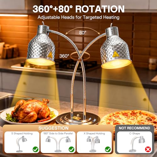 2-Head Food Heat Lamp, 500W Commercial Food Warmers, Silver | Keep Food Warm, Adjustable Heads, Portable Heat Lamp for Food, Food Warmers for Parties Buffet, Restaurant, Kitchen, Catering - color: Silver