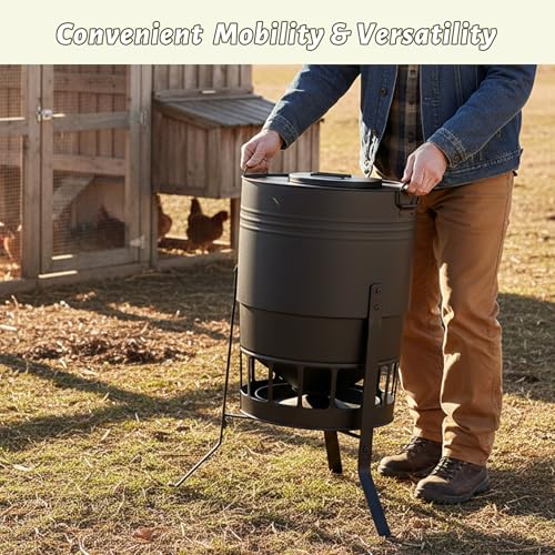 KOL Chicken Feeder No Waste for Coop & Outdoors, 16 Port 50lbs Poultry Feeder with Spill-Control Design, Rust-Proof Powder Coated Metal & Smooth Safe Edges (Black) - color: Black