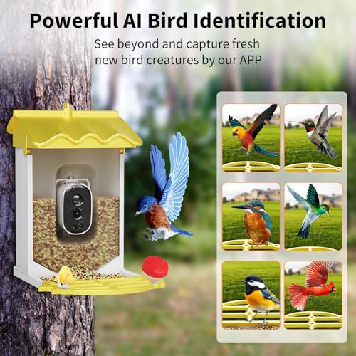 GarveeLife Smart Bird Feeder with 2K Camera & AI Recognition,Solar Powered | 2L Capacity, Night Vision, App Alerts, Auto Capture Photos/Videos for Bird Watching - color: Yelllow