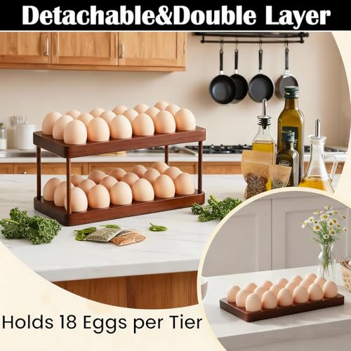Linwnil Acacia Wood Egg Holder for 36 Eggs, Rustic Countertop and Refrigerator Storage Tray, Farmhouse Kitchen Organizer with 1.5" Holes, Easy Clean Deviled Plates for Easter Decor,11.5" x 5.75" (2)