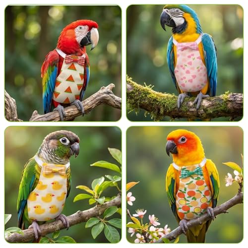 Jeffdad 4 Pcs Bird Diapers, Cute Pet Bird Diaper Pamper for Parrots | Cockatiel Tuxedo Flight Suite with Adjustable Straps Nappy Clothes with Waterproof Inner for Conure Macaw Budgies Parakeet(L)
