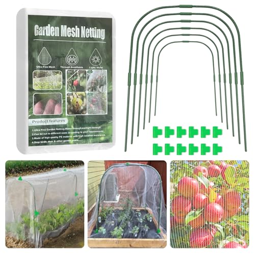 Garden Mesh Netting Kit Protect Fruit Vegetable from Birds Bugs | 10* 30 FT Ultra Fine Plant Netting Covers, 6 Pcs Wide Garden Hoops & 12 Clips for Greenhouse Raised Beds - size: 10 * 30 FT (Kit)