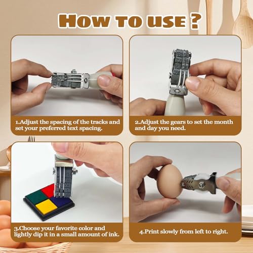 Egg Date Stamps for Fresh Eggs, with a Four-Color Ink Pad, 50 Farm Fresh Eggs Instructions, Egg Dater Kit, Date Roller Stamps, Date Label Stamper for Egg Mark Farm Office Shipping Receiving
