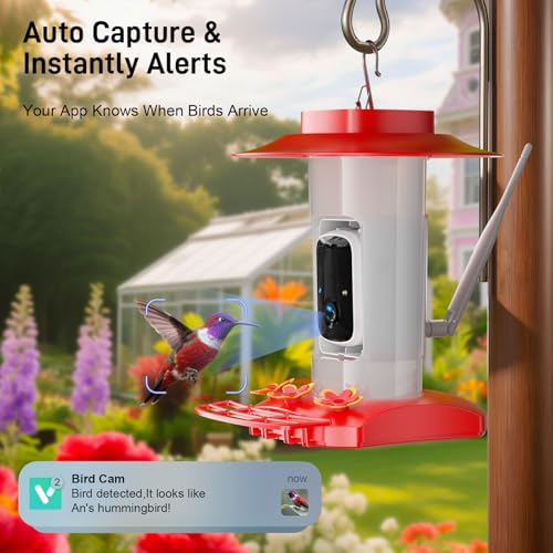 Hummingbird Feeder with Camera Outdoor, Solar Powered Hanging Bird Feeder | Ant Moat & Bee-Proof, AI Bird ID, HD 2K, Instant App Alerts, Auto Capture, Garden Gift for Hummingbird Lover & Mom Dad, 21oz - color: Red