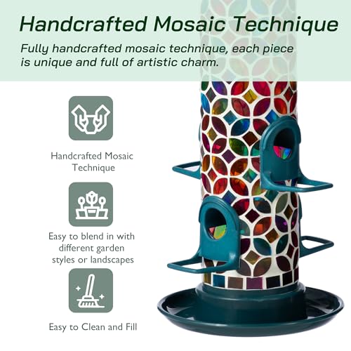 Glitzhome 20''H Glass Hanging Mosaic Bird Feeder, Multi-Color Wild Bird Feeders for Outdoors Garden Yard Backyard Deck and Porch Decor,4 Feeding Ports