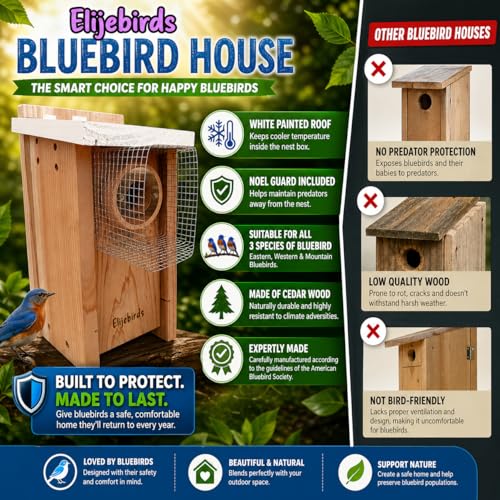 Premium Cedar Bluebird House for Outside - Wooden Bird Box with White Painted Roof & Noel Guard Predator Protection - Durable Birdhouses for Outdoors & Blue Bird Nesting