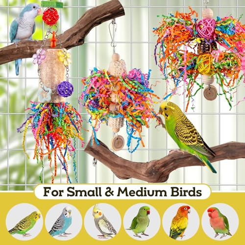 Bird Toys, Parakeet Foraging Toys, Hanging Chewing Toys with Natural Wooden Perches, Bird Cage Accessories, Suitable for Parakeets, Cockatiels, Budgies, Lovebirds & More - color: 5 pieces loofah