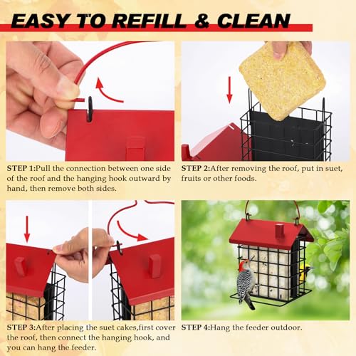 Gbekery All-Metal Double Suet Bird Feeder for Outdoors Hanging, Suet Cake Cage Holder with Weather-Resistant Roof & Perch for Outside Garden, Red - color: Red