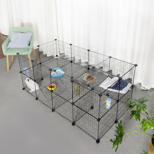 SONGMICS Pet Playpen, Small Animal Playpen, Rabbit Guinea Pig Cage, Zip Ties Included, Metal Wire Apartment-Style Two-Story Pet Premium Villa for Bunnies Puppies, Indoor Use, Black ULPI02H - color: Black, size: 56.3"L x 28.7"W x 28"H