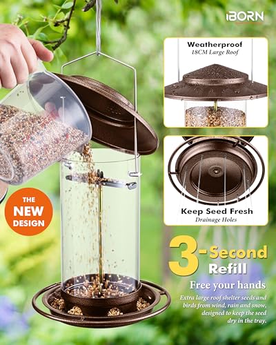 iBorn Bird Feeder for Outside Hanging,Bird Seed for Outside Wild Bird Feeders for Garden Yard Outdoor Decoration,Round Roof Design Coffee - color: Coffee,2.2LB,6Port