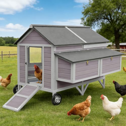 Aivituvin Chicken Coop Large Mobile Wooden Hen House with Nesting Box, Poultry Cage with Strong Iron Frame, Waterproof (Grey, AIR97) - size: 68.1"L x 53.9"W x 49.0"H