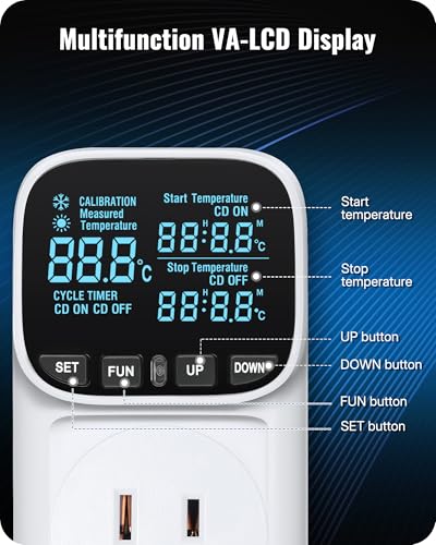 Digital Temperature Controller Outlet, 15A/1800W Heavy Duty Thermostat Plug, VA LCD Display, Heating/Cooling Control, -40°F~210°F, 4 Timer Modes, for Greenhouse Incubator Homebrew W02TC06 - color: White-16.4ft