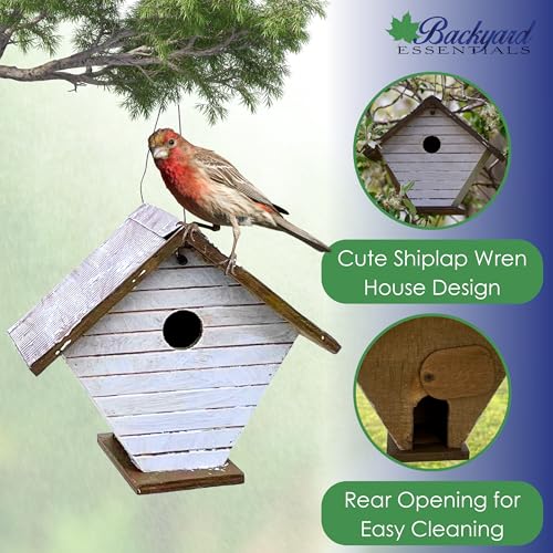 Shiplap Wren House - White Wood | 1.125-Inch Entrance Hole Sized for Wrens - Rear Clean-Out, Cable Hanger, Arrives Fully Assembled