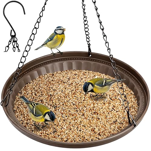 iBorn Hanging Bird Feeder Tray, 2.5LB All Metal Wild Bird Feeder for Outdoor Backyard Garden, Squirrel Chew Proof and Rust Resistant Feeder Bowl with Drainage Holes, Bronze, Pack of 1