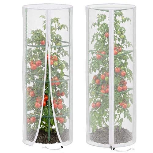 2 Pcs 57"X15.7" Round Tomato Netting with Zipper, Insect Bird Cover | Round Tomato Cage Mesh Cover, Drawstring, Garden Protection Netting, Tomato Trellis, Climbing Plants