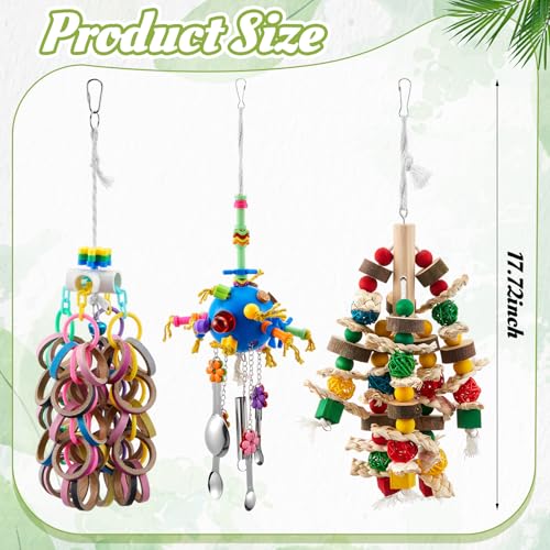Seenelling 3 Pcs Extra Large Bird Toys for Parrots, Ring and Ball | Multicolored Natural Wooden Blocks & Beads Bells, Bird Cage Chewing Toys for Large Medium Macaws African Grey Cockatoos - style: Ring and Ball