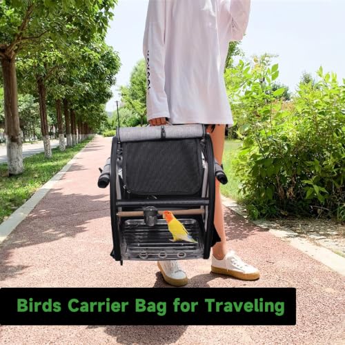 Bird Carrier Bag with Perch, Bird Travel Carrier Backpack with Stainless Steel Plate and Mesh, Portable Transparent Parakeet Travel Cage with Feeder Cups for Small Birds Parakeet Parrot