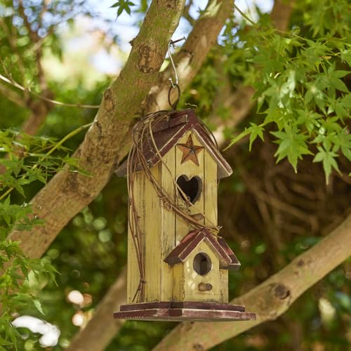 Glitzhome Bird Houses for Outside, Decorative Bird House,11.5"H Distressed Solid Wood Hanging Birdhouses for Outdoors, Hummingbird House Bird Cottage with Rattan for Outdoor Patio Garden,Washed Yellow - color: 11.5"H
