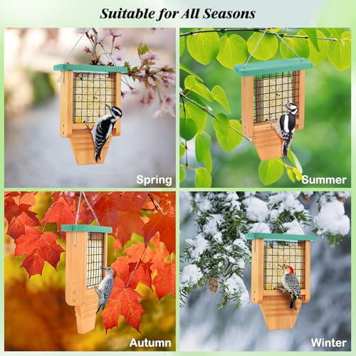 Gbekery Wooden Suet Bird Feeder for Outside Hanging, Woodpecker Suet Feeder with Tail Prop, Hanging Bird Feeder for Wild Birds, 1 Pack, Green - color: Light Green
