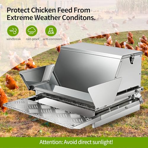 RYFT Automatic Chicken Feeder 25 lb Galvanized Steel Poultry Feeder, Up to 12 Chickens 10 Days with Weatherproof Lid, for Chickens, Ducks, Fowl
