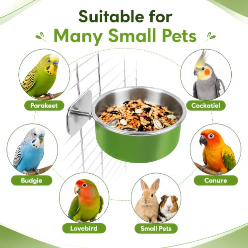Stainless Steel Bird Bowls for Cage (8 Pack)– Green Hanging Bird Food & Water Feeder Cups with Clamp Holder, Anti-Spill Bird Cage Feeders for Parakeets, Cockatiels, Conures, Budgies & Small Animals - size: 8 pcs
