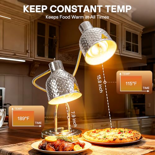 2-Head Food Heat Lamp, 500W Commercial Food Warmers, Silver | Keep Food Warm, Adjustable Heads, Portable Heat Lamp for Food, Food Warmers for Parties Buffet, Restaurant, Kitchen, Catering - color: Silver