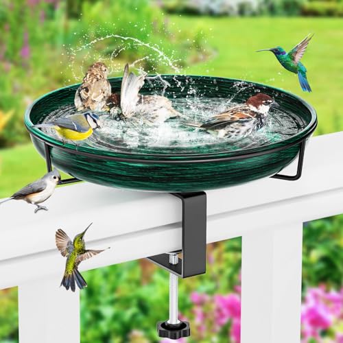 Deck Mounted Metal Bird Bath for Outside, Detachable Birdbath Bowl with Adjustable Steel Clamp, Outdoor Bird Feeder for Railing Balcony Fence Yard Art Garden Decor (Vintage Green) - color: Vintage Green