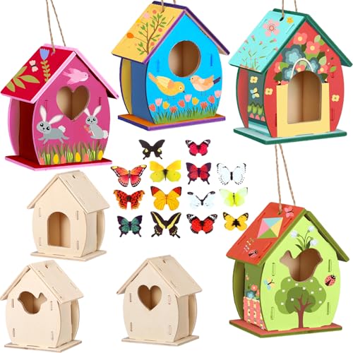 Outus 12 Pcs Wooden Birdhouse Craft Kits to Build, 4 Shapes Wooden Unfinished Bird House with Butterfly Sticker for and Arts Crafts Bulk Painting Kits (Lovely) - style: Lovely