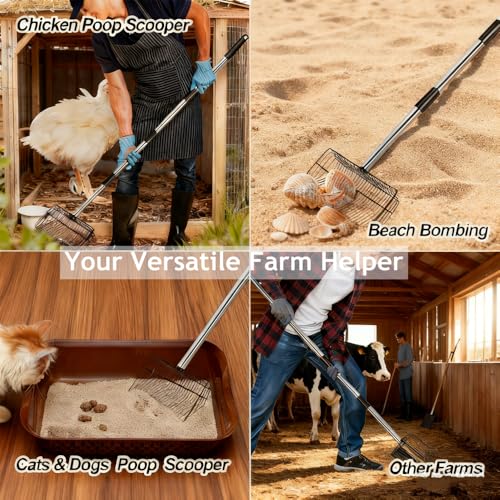 Chicken Poop Scooper, 10inch Stainless Chicken Coop Scoop for Sand with 36-66inch Adjustable Handle, 2-in-1 Metal Scooper Heavy Duty Litter Sifting Shovel Chicken Coop Accessories