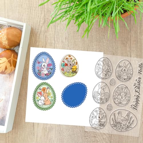 GLOBLELAND Happy Easter Bunny Eggs Clear Stamps and Metal Die Cuts Rabbit Egg Transparent Stamp Egg Frame Cutting Dies for Card Making Embossing Scrapbooking - style: Easter Bunny Egg