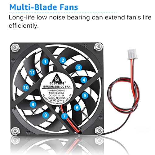 GDSTIME 80mm x 80mm x 10mm 12V Computer Case Brushless DC Cooling Fan 2Pin | Slim PC Fan 10mm, Replacement for Tight Spaces, 3D Printer Power Supplies, Hard Drive Case, MATX PSU - 8010, 80x80x10mm - size: 80x80x10mm