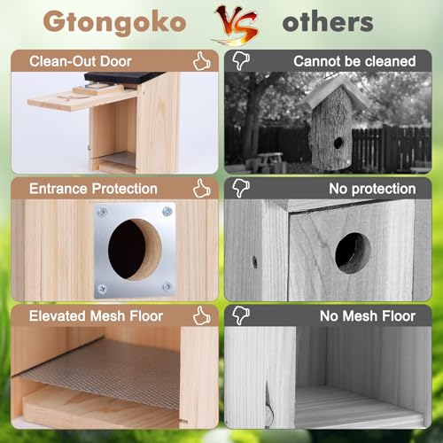 Gtongoko 2 Pack Bluebird Houses for Outside with Metal Predator Guard Black | 1-1/2" entrance, Elevated Mesh Floor, Climbing Grooves, Clean-Out Door, Air-Vent for Bluebirds, wrens, swallows, chickadees - color: Wood color-2pc