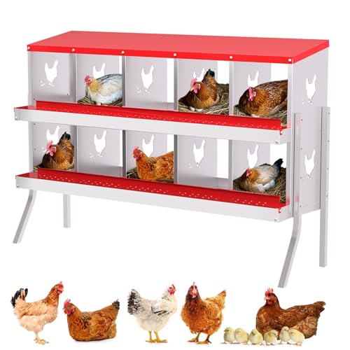 GarveeLife 10 Compartment Chicken Nesting Box with Metal Legs, Nesting Boxes for Chickens, Metal Chicken Laying Boxes with Perch, Secure Lid, Versatile Wall Mount or Free Standing for Hens, Red - color: red, size: 10 grids with legs
