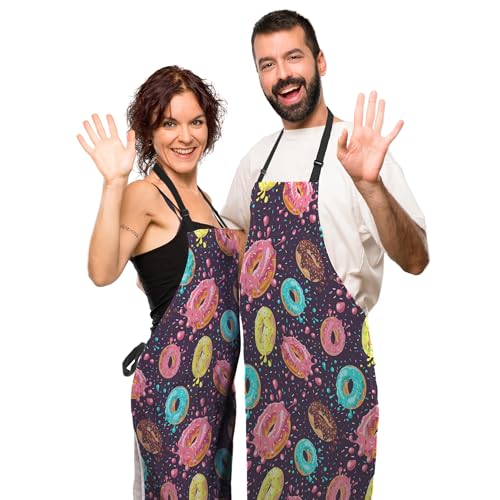 Chef Apron for Men Donuts Women Aprons for Kitchen Cooking Restaurant BBQ Painting Crafting 27” (W) x 31” (H), Waterproof Aprons - color: Donuts