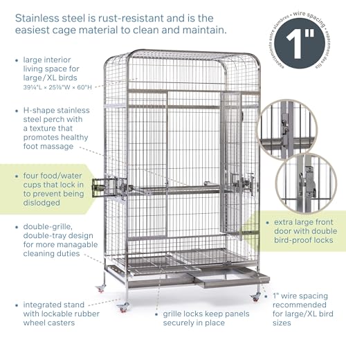 Prevue Pet Products Imperial Extra Large Stainless Steel Bird Cage | Big Birdcage Ideal for Parrots, Cockatoos, Macaws, Included Perch and Cups, Durable Cage with Wheels - size: 41.3"L x 27.9"W x 73.8"H