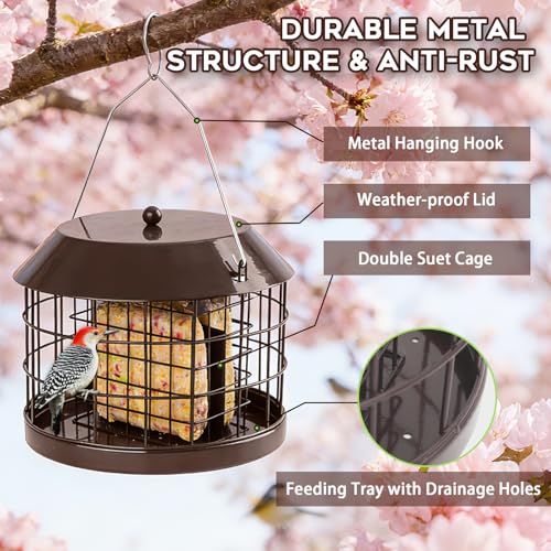 Gbekery Caged Suet Bird Feeder for Outdoors Hanging, Squirrel Proof Double Suet Feeder for Small Birds, Metal Cage with Detachable Hook, Large Space, Outdoors Weatherproof, Brown - style: Brown Suet Cage