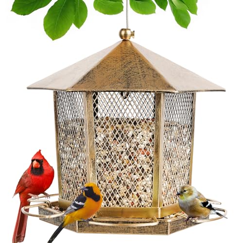 Hexagonal Gazebo Bird Feeders, Weatherproof Wild Bird Feeder for Outdoor | Unique Pavilion Style Metal Bird Feeder for Outside Hanging Garden Patio Backyard Lawn Decor