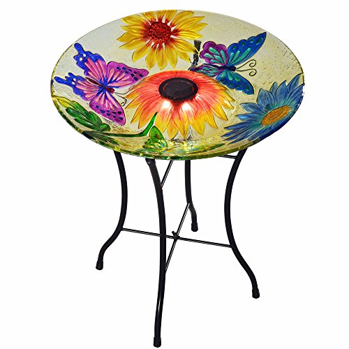 Teamson Home Handpainted Butterfly Fusion Glass Solar Birdbath Bowl Feeder with LED Light for Outdoor Patio Garden Backyard Decking, 21 Inch Height, Yellow | Bowl Feeder with LED Light, Outdoor Patio Garden Backyard Decking, 21 Inch Height - color: Butter