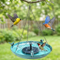 DazSpirit 14.9" Hanging Bird Bath with Solar Fountain for Outdoors | Metal Birdbath with Fixed Solar Panel, 4 Nozzles & 3 Removable Decorative Birds for Garden, Patio, Porch & Yard Gifts
