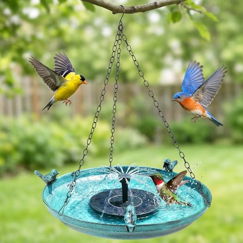DazSpirit 14.9" Hanging Bird Bath with Solar Fountain for Outdoors | Metal Birdbath with Fixed Solar Panel, 4 Nozzles & 3 Removable Decorative Birds for Garden, Patio, Porch & Yard Gifts