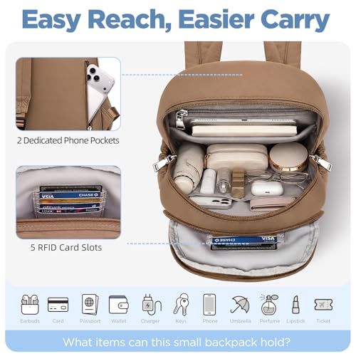 Mini Backpack for Women, Anti Theft RFID Small Travel Backpack | Compact Backpack with Built-in RFID Wallet(5 Slots) & Coin Purse, 10-Pocket Fits 11" Tablet, Puffer Nylon, Daily & Work - color: Coffee Brown