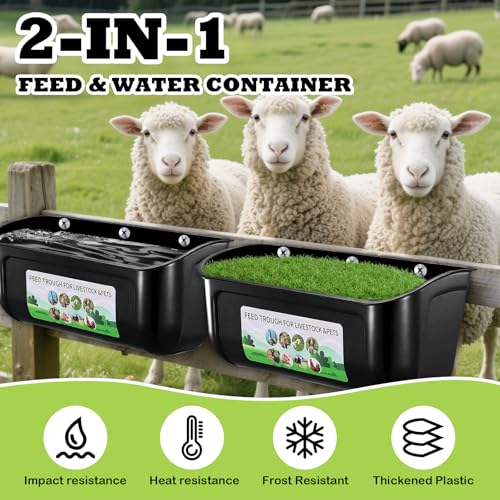 2 Pack Large Goat Feeder, Duck Chicken Feeder Waterer, Hanging Fence Feed Trough with Clips for Goat, Sheeple, Piglet, Gooses, Turkeys, Dog Livestock Poultry, Feed Scoop Included, Black - color: Large Black