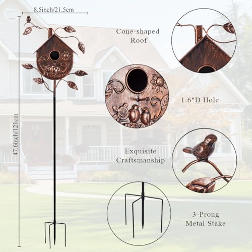 DREAMSOUL 48" Birdhouse with 1.6" Hole, Vintage Bird House Pole for Patio | Metal Bird Houses for Outside Yard Art, Weatherproof Finish, Outdoor Backyard Accent, Ornamental Aviary Style - style: Antique