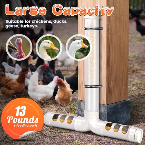 PVC Chicken Feeder No Waste 13lbs Automatic Poultry Feeder | Chicken Food Dispenser with 6 Feeding Port Gravity Poultry Feeding Trough for Ducks Turkeys Geese Quails Pigeon