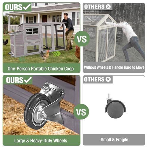 Mobile Chicken Coop with Run, Large Wooden Hen House Poultry Cage with Wheels, Weatherproof Roof, Sectionable Nesting Box, Pull-Out Tray for 3-5 Chickens, 74.9" L x 26" W x 39.4" H (Grey)