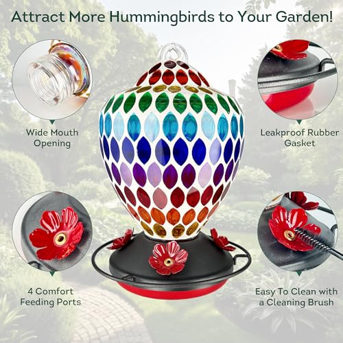 Lily's Home Mosaic Glass Hummingbird Feeder 35oz - Colorful Garden Décor - Easy Refill Wide-Mouth - Includes S Hook & Brush for Bird Lovers - Measures 5.9’’x5.9’’x8.3’’ - color: Multicolor