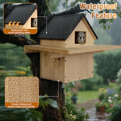 Owl House, Screech Wooden Owl Nesting Box, Weatherproof Design with Bird Stand, Large Opening, Mounted Birdhouse for Garden & Outdoor