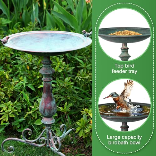 Newtay 27.25 Ornate Metal Pedestal Style Birdbath with Cast Iron Vintage Birds Baths for Outdoors on Rim Full Base Standing Bird Bath Tray for Garden Yard Decoration, Green, Not Easy to Rust - color: Green